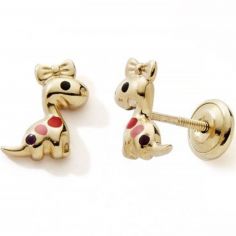 Boucles d'oreilles à vis Dinosaure Fushia-Rose (or jaune 375°) - Baby bijoux