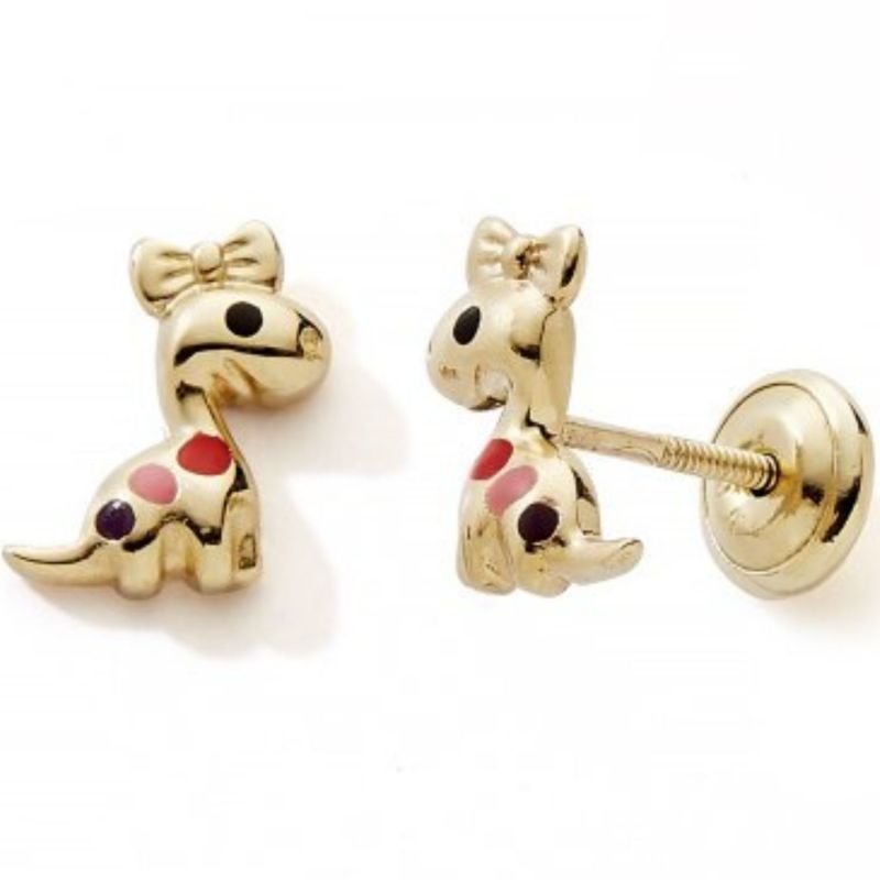 Boucles d'oreilles à vis Dinosaure Fushia-Rose (or jaune 375°) Baby bijoux Produit 1