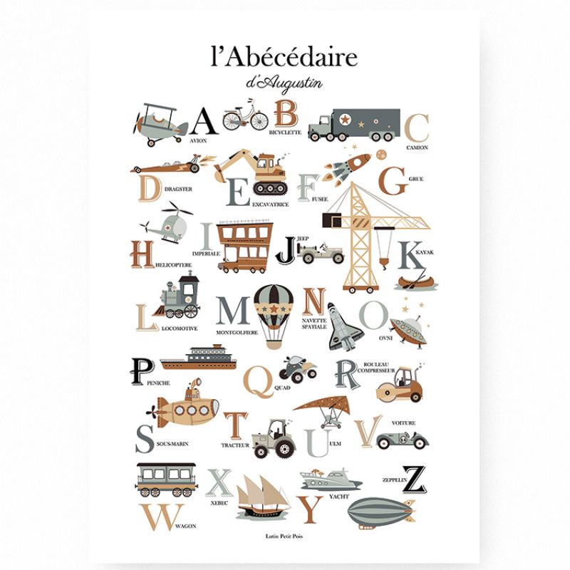Affiche A2 Abécédaire des véhicules (personnalisable) Lutin Petit Pois