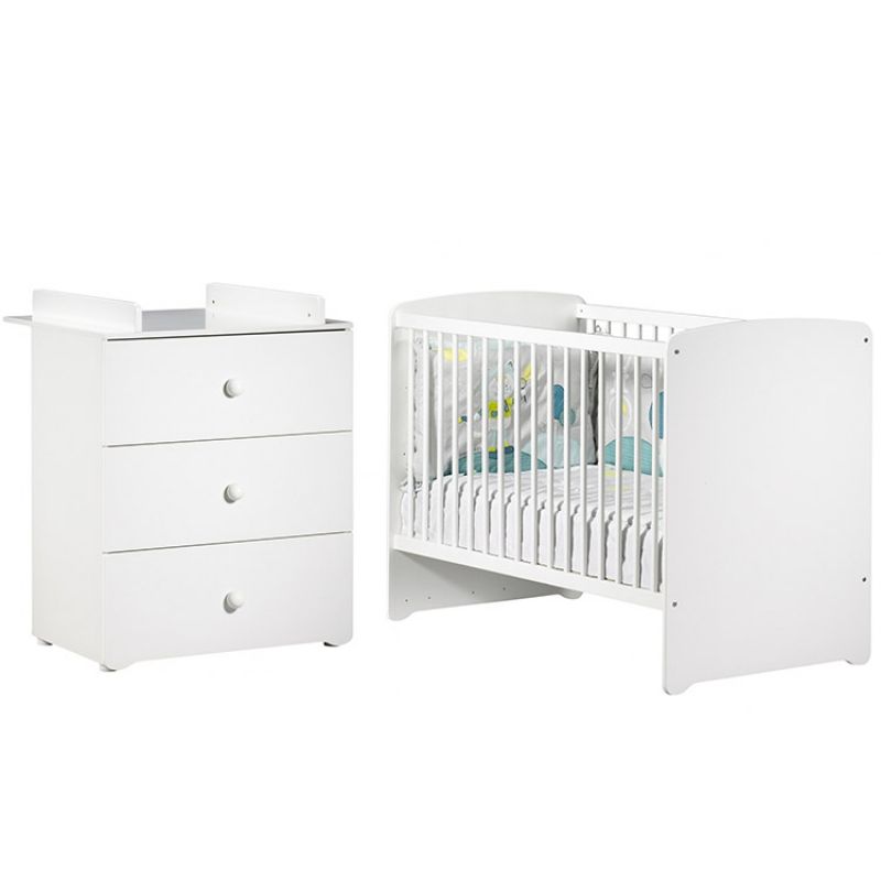 Pack duo lit bébé têtes panneaux blanc et commode à langer blancs New Basic Baby Price Produit 1 grande taille