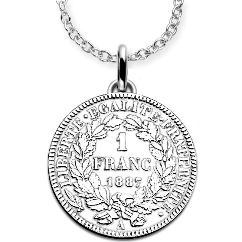 Collier chaîne 80 cm médaille 1 franc 1887 30 mm recto verso (argent 925°) Monnaie de Paris