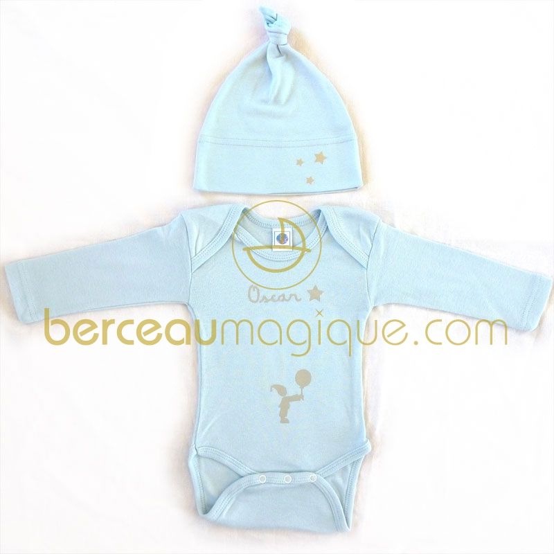 Ensemble bonnet + body bleu à manches longues personnalisable Les Griottes