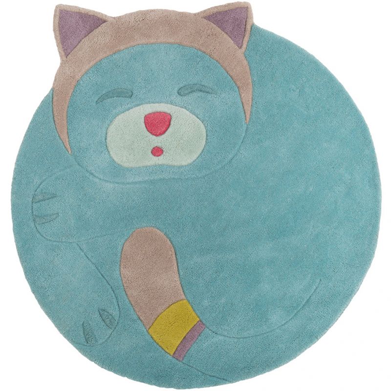 Tapis en laine rond turquoise chat Les pachats (125 x 110 cm) Moulin Roty