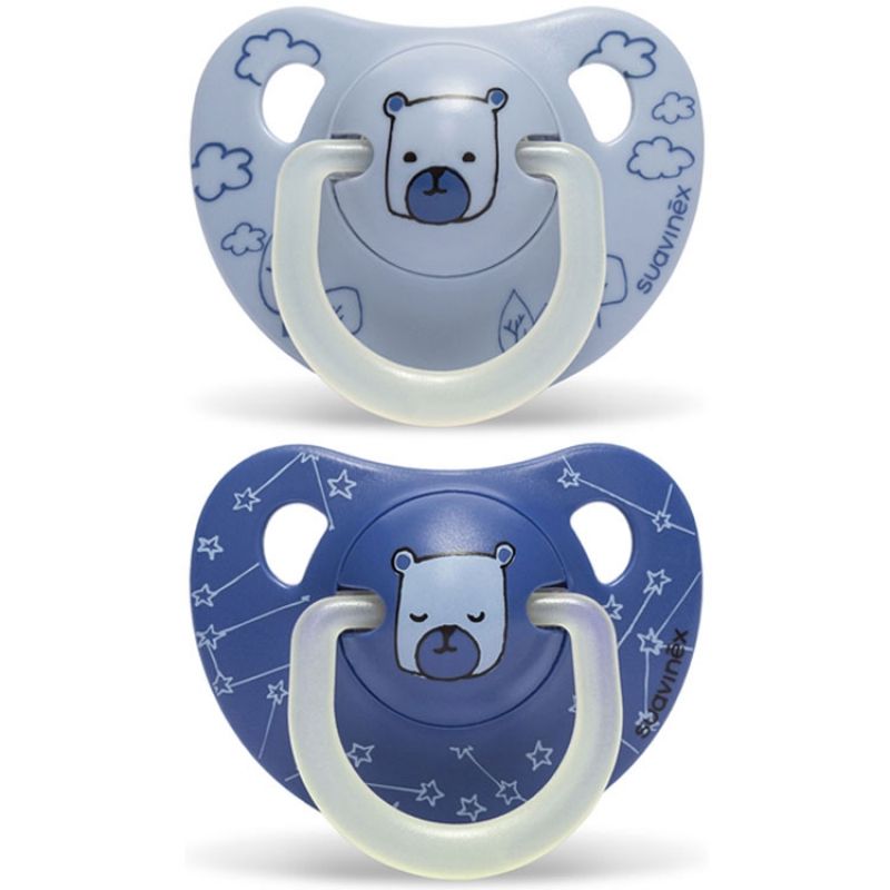 Lot de 2 sucettes physiologiques Night & Day Ourson bleu en silicone (6-18 mois) Suavinex