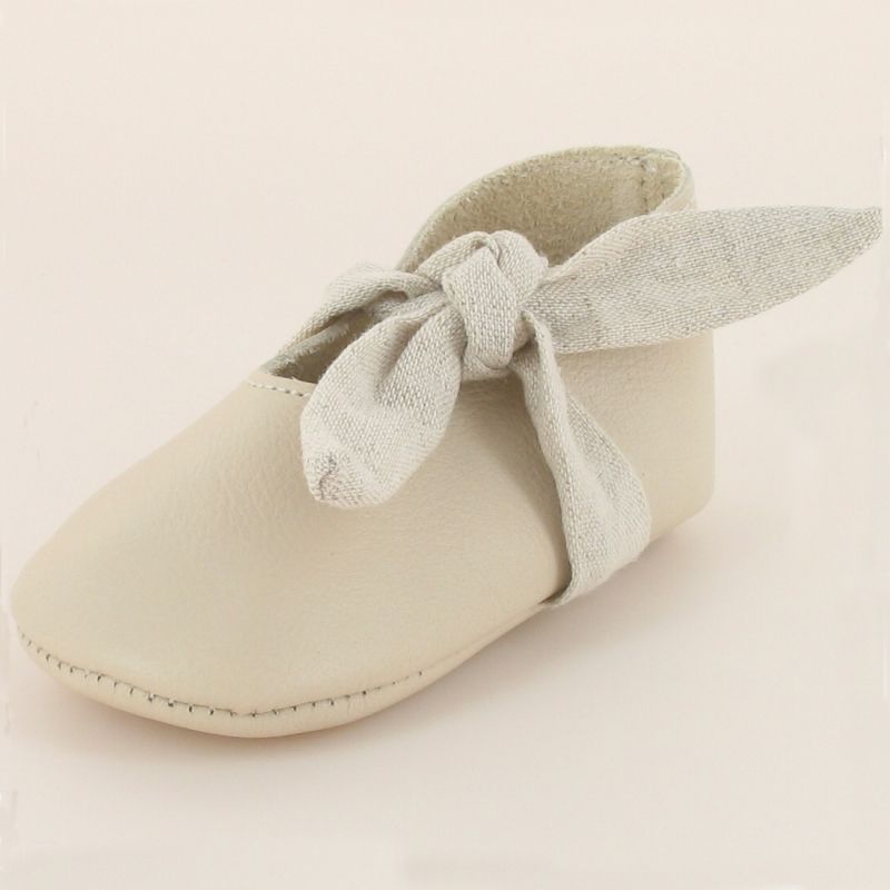 Chaussons bébé prestige en cuir Lady noeud lin (0-6 mois) Le Petit Fils du cordonnier