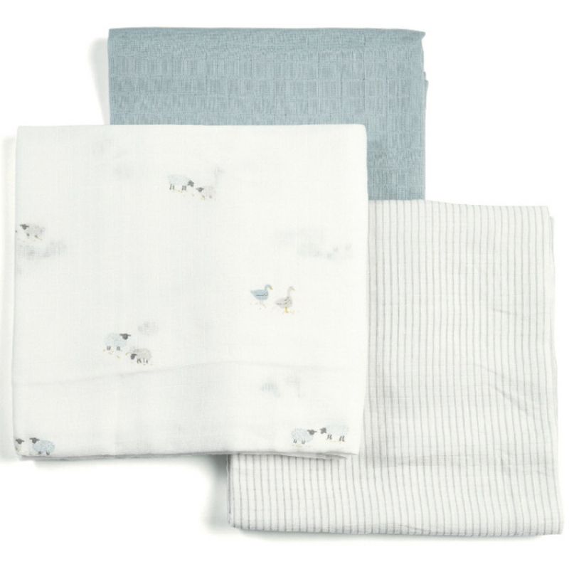 Lot de 3 langes Welcome to the world Ferme bleu (90 x 90 cm) Mamas and Papas