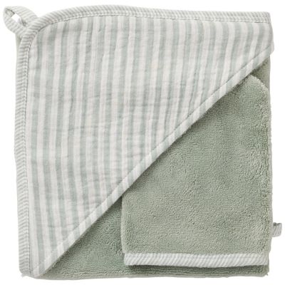 Cape de bain + gant éponge bambou et gaze rayé vert de gris - Reconditionné BB & Co