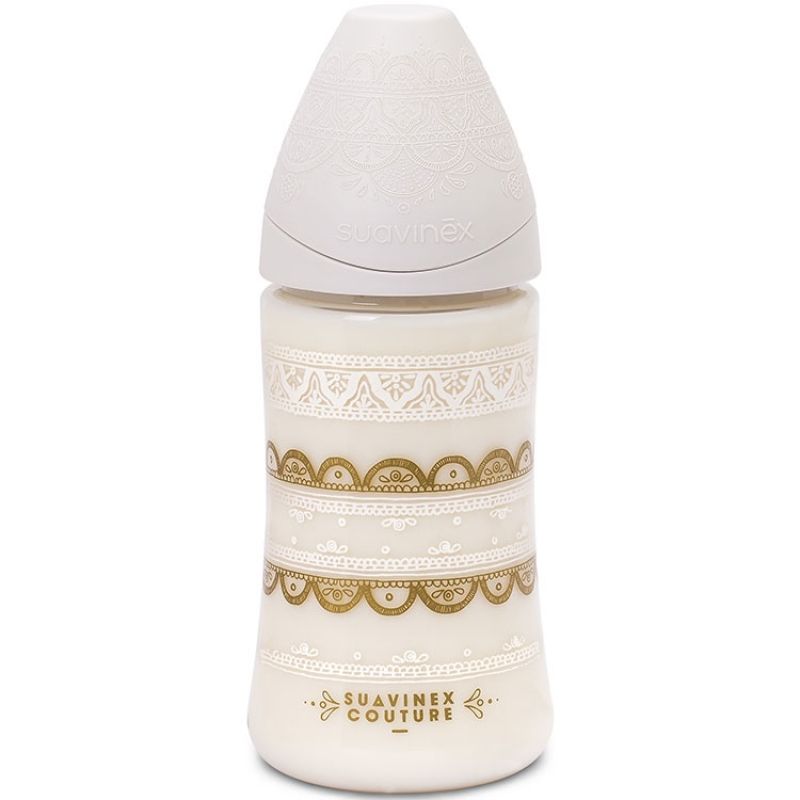 Biberon Couture Ethnic 3 vitesses blanc et doré (270 ml) Suavinex