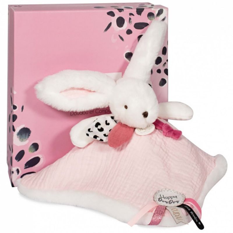 Doudou plat avec coffret lapin rose Happy Blush Doudou et Compagnie