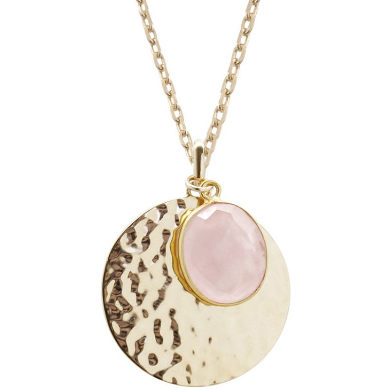 Collier médaille martelée et quartz rose chaîne 45 cm personnalisable (plaqué or) Petits trésors