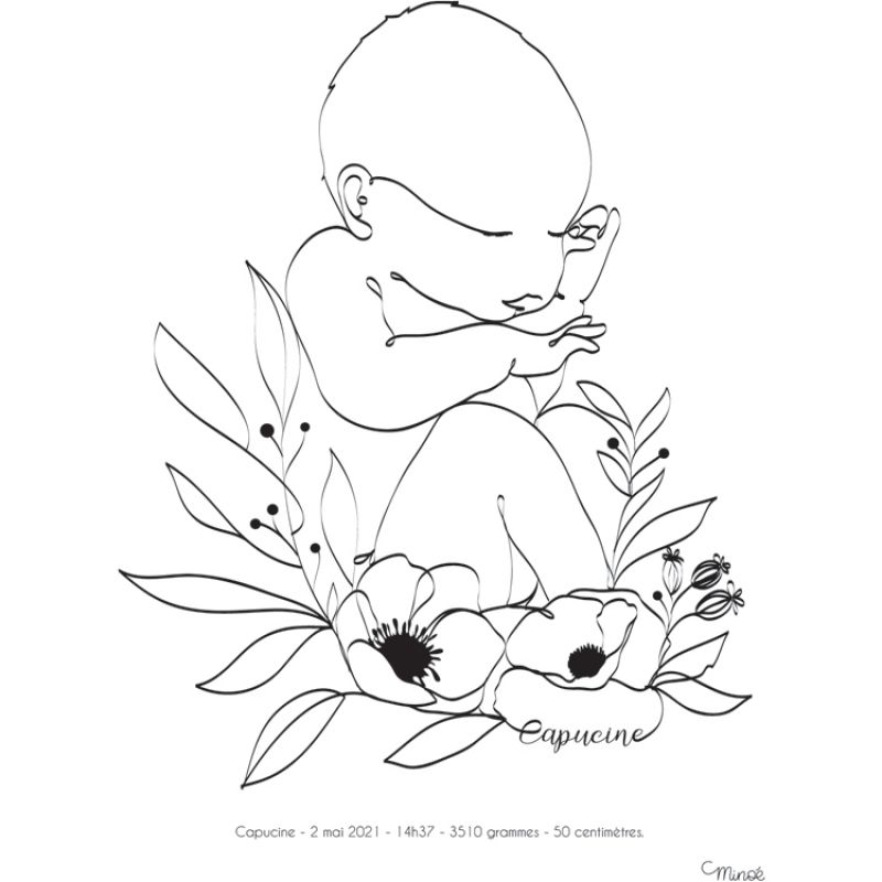Affiche de naissance bébé fleuri A4 (personnalisable) Minoé