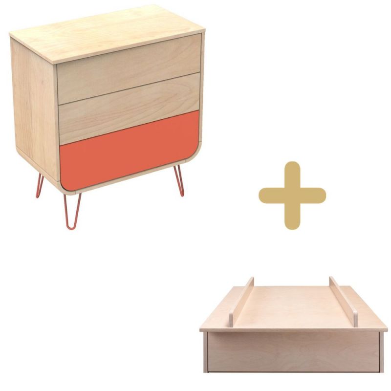 Commode à langer 3 tiroirs Galopin bois-corail pieds fil corail Sauthon Original