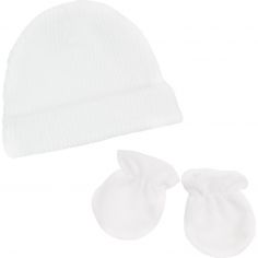 Ensemble bonnet et moufles de naissance Blanc  - Trois Kilos Sept
