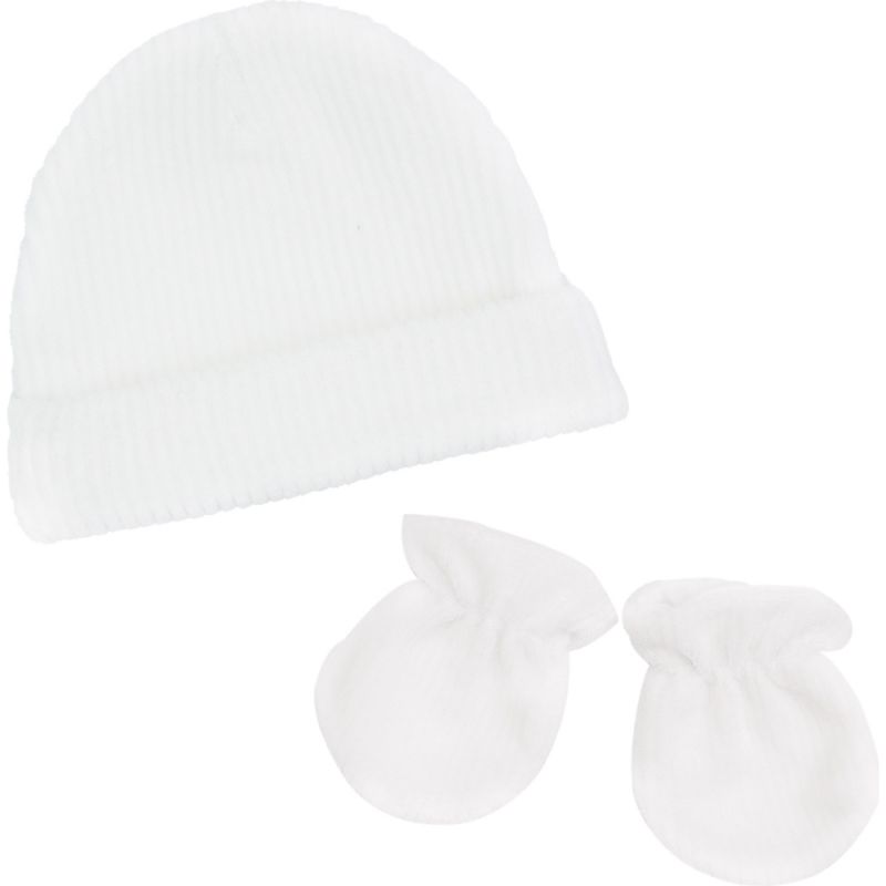 Ensemble bonnet et moufles de naissance Blanc  Trois Kilos Sept Produit 1