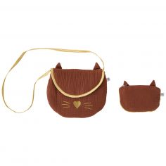 Sac bandoulière avec porte-monnaie Chat gaze de coton toffee et or - BB & Co