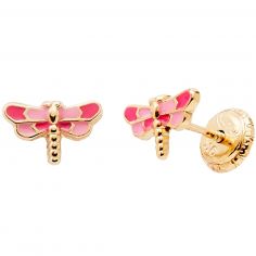 Boucles d'oreilles Libellule Rose (or jaune 375°) - Baby bijoux
