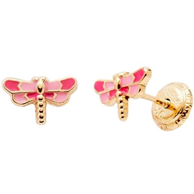Boucles d'oreilles Libellule Rose (or jaune 375°) Baby bijoux