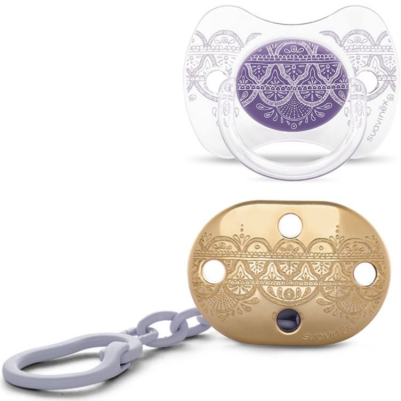 Lot sucette anatomique réversible et attache sucette Couture Ethnic violet et doré (4-18 mois) Suavinex