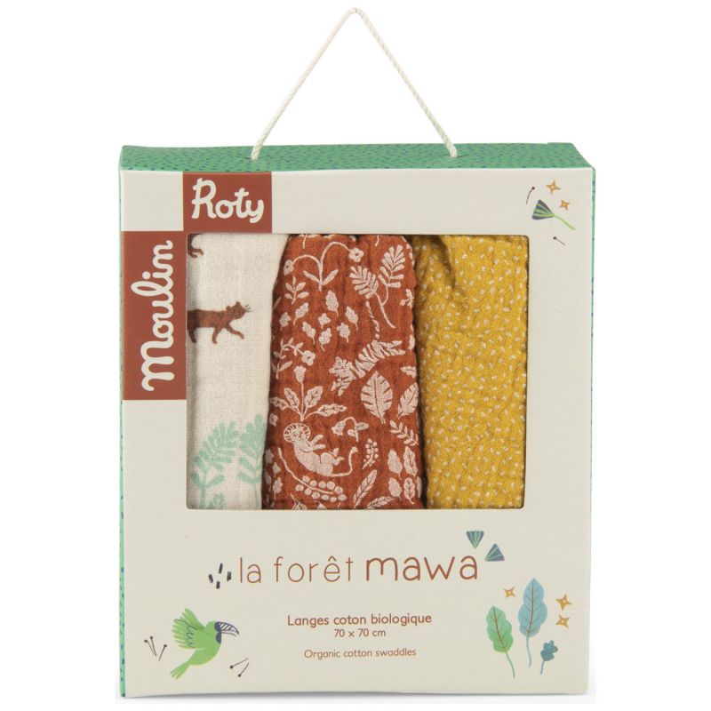 Set de 3 langes imprimés La forêt Mawa (personnalisable) Moulin Roty Packaging 8