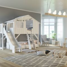 Lit cabane superposé avec toboggan finition laquée (coloris au choix)