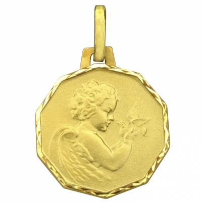 Médaille octogonale Ange à la colombe 15 mm (or jaune 750°) Premiers Bijoux