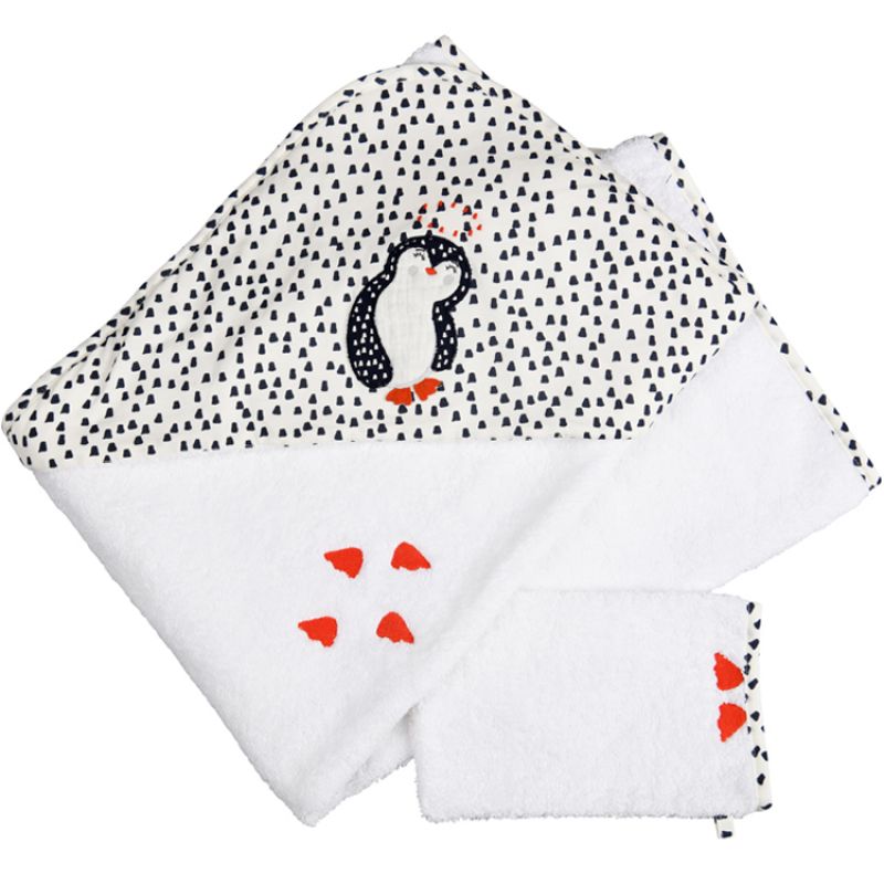 Cape de bain + gant Pingouin (75 x 80 cm) Maison Nougatine