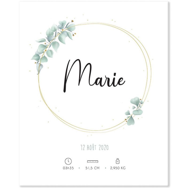 Tableau de naissance eucalyptus vert personnalisable (33 x 41 cm) Mes Mots Déco