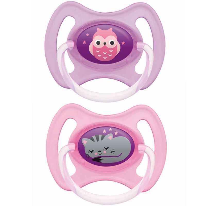 Lot de 2 sucettes anatomiques en silicone Anneau Nuit fille motif aléatoire (6 mois et +) MAM