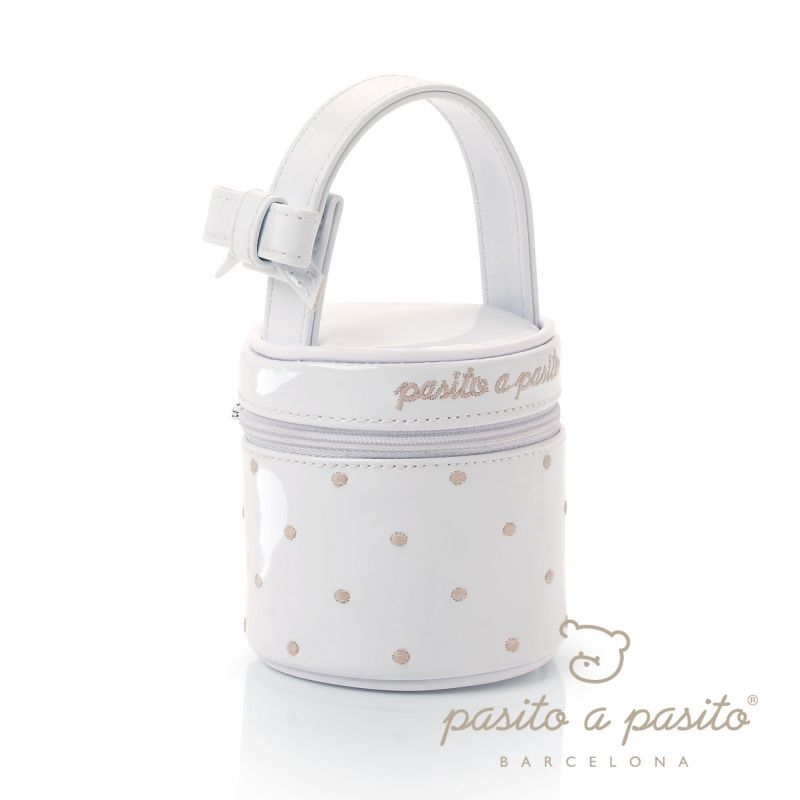 Housse de sucette éco-cuir verni blanc à pois beige Pasito a pasito