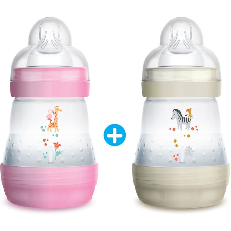 Lot de 2 biberons anti-colique rose et écru - débit 1 lent (160 ml) MAM