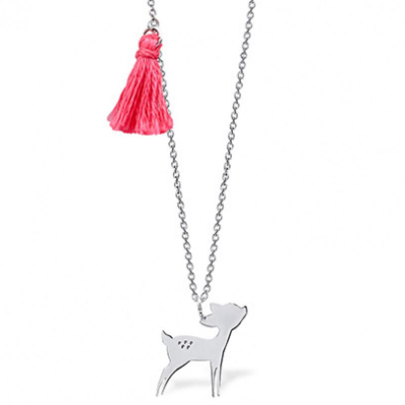 Collier faon avec pompon rose Nature (argent 925°) Coquine
