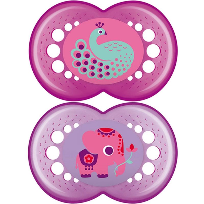 Lot de 2 sucettes anatomiques Décor animaux fille en silicone (6 mois et +) MAM
