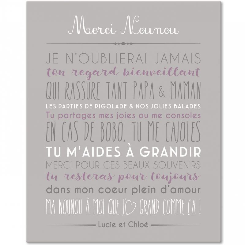 Tableau Merci Nounou personnalisable gris clair (33 x 41 cm) Mes Mots Déco