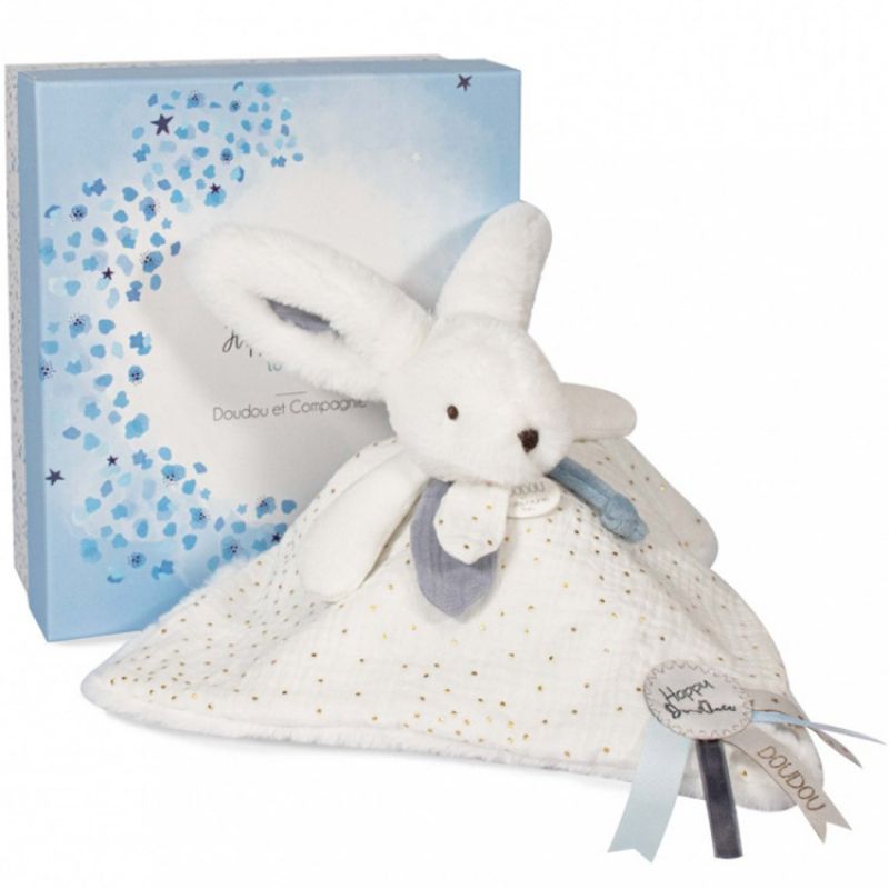 Doudou plat avec coffret lapin bleu Happy Glossy Doudou et Compagnie