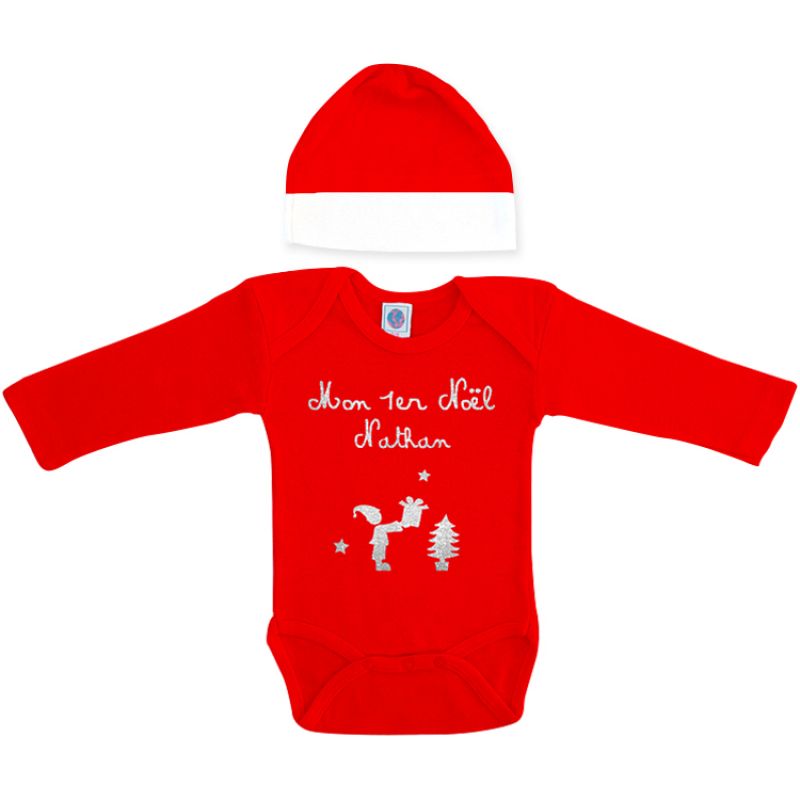 Ensemble body et bonnet Mon premier Noël rouge à manches longues personnalisable (6-12 mois) Les Griottes