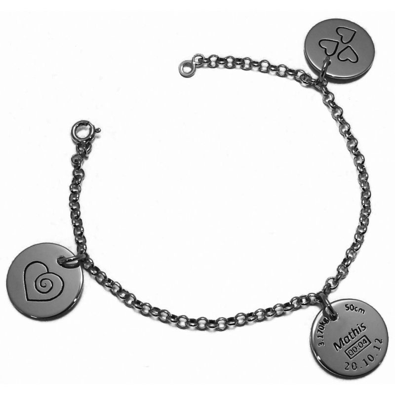 Bracelet Maman 2 breloques 1 médaille personnalisable (plaqué argent rhodié) Alomi