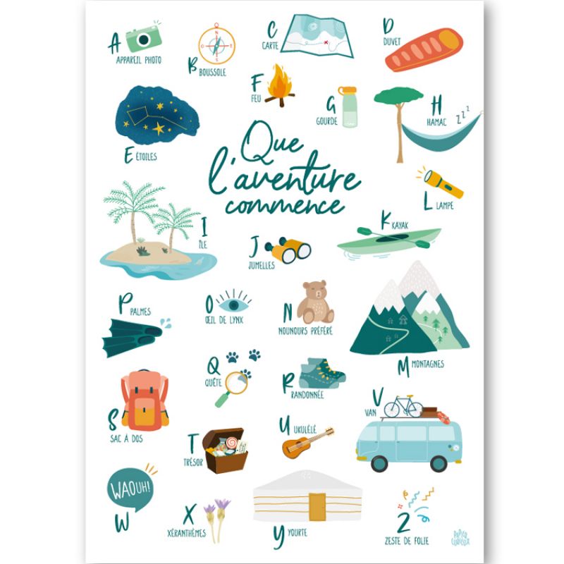 Affiche abécédaire de l'aventurier (A3) Papier curieux