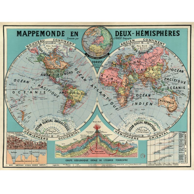 Planche Mappemonde en deux hémisphères (80 x 60 cm) les jolies planches