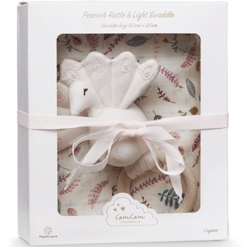 Coffret cadeau maxi lange + hochet paon Pressed Leaves Cam Cam Copenhagen