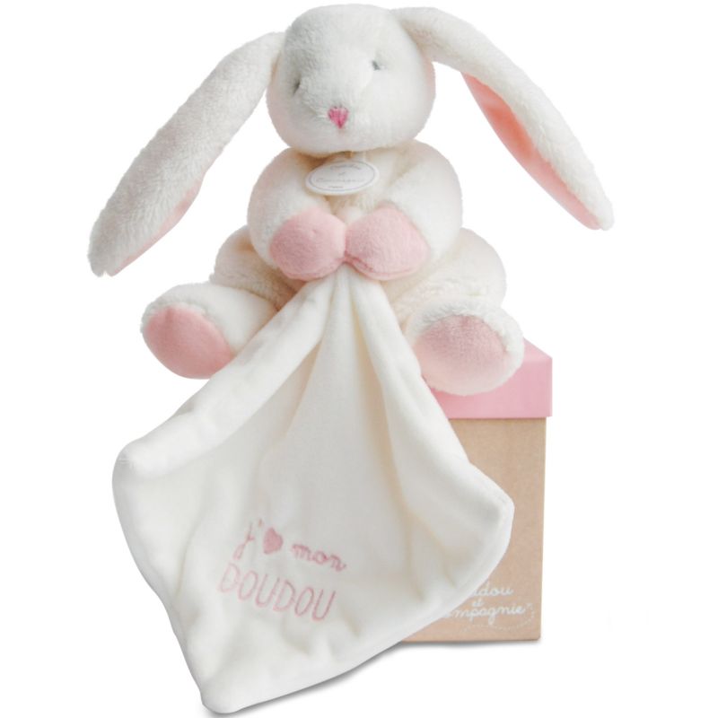 Coffret doudou plat J'aime mon Coffret doudou lapin rose (20 cm) Doudou et Compagnie