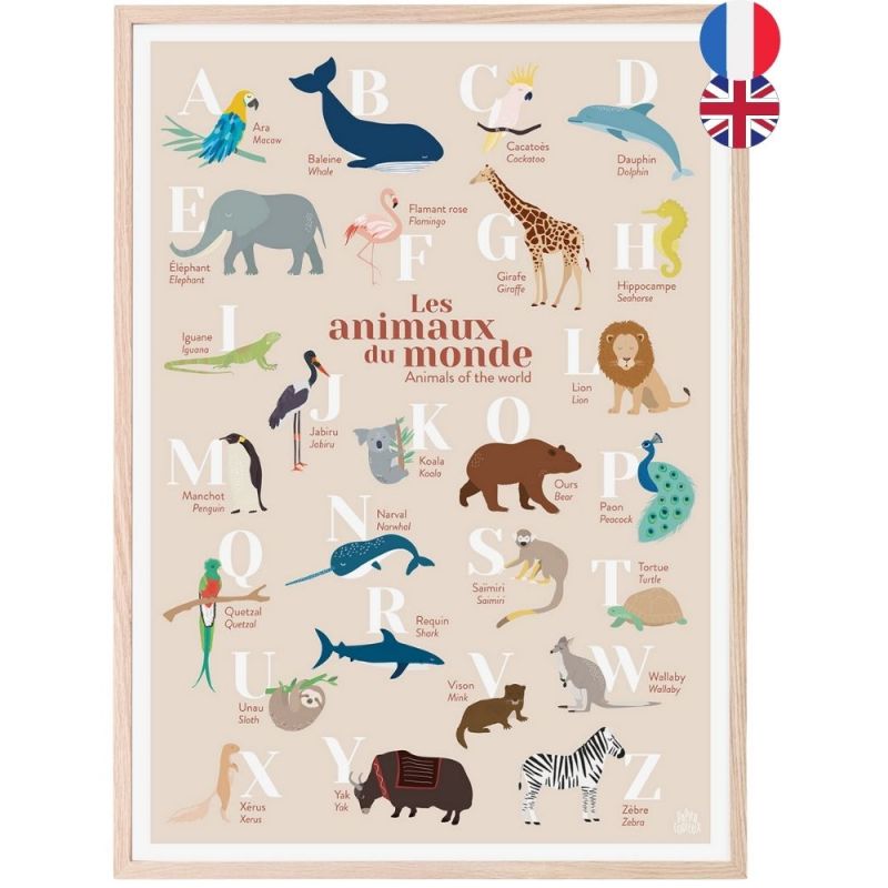 Abécédaire des animaux du monde bilingue fond beige (A3)  Papier curieux