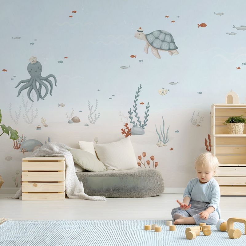 Papier peint panoramique Fonds marins pieuvre et tortue (2m x 248 cm)  Lilipinso Ambiance 3