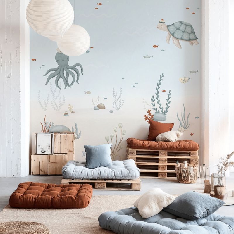 Papier peint panoramique Fonds marins pieuvre et tortue (2m x 248 cm)  Lilipinso Ambiance 5
