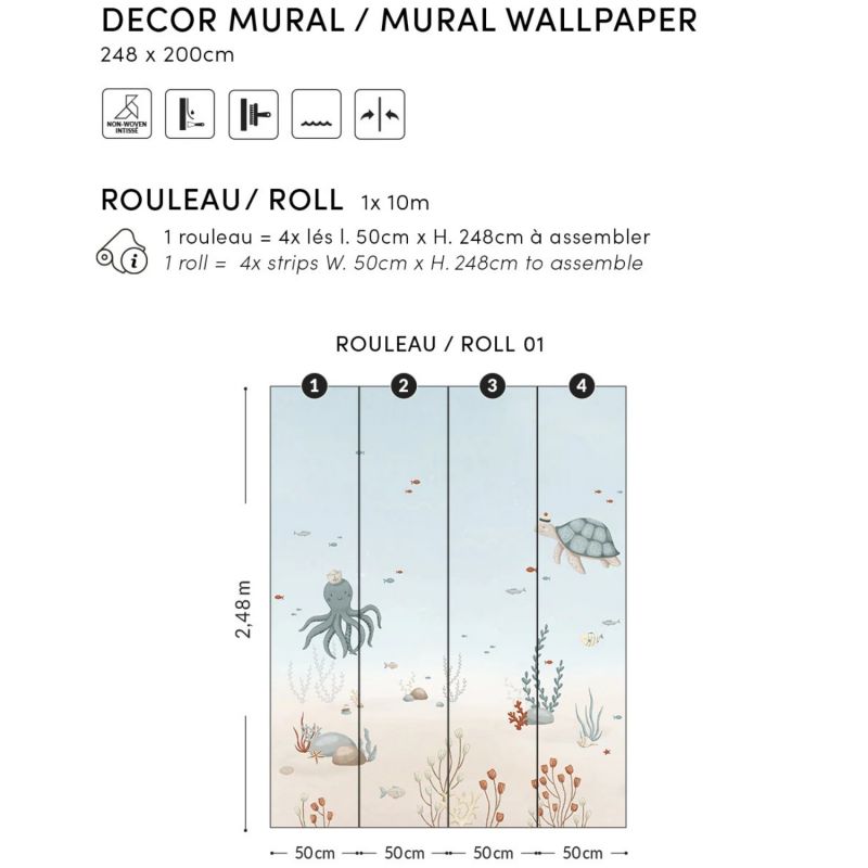 Papier peint panoramique Fonds marins pieuvre et tortue (2m x 248 cm)  Lilipinso Produit 7