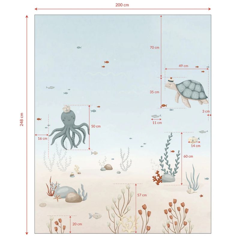 Papier peint panoramique Fonds marins pieuvre et tortue (2m x 248 cm)  Lilipinso Produit 8