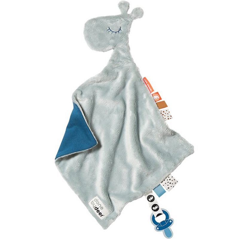 Doudou plat attache sucette Raffi la girafe bleue (30 cm) Done by Deer