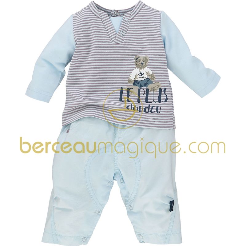 Ensemble T-shirt et pantalon ''Le plus doudou'' Aquarelle bleue (1 mois au 12 mois) Sucre d'orge