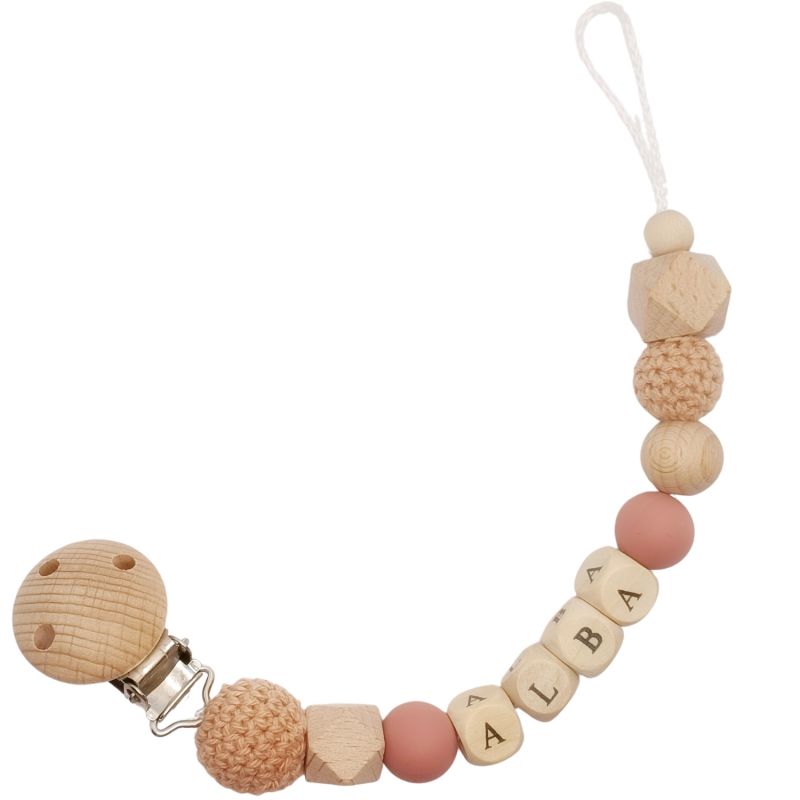 Attache sucette en bois sable et vieux rose (personnalisable) Tata Lucette Produit 1 grande taille