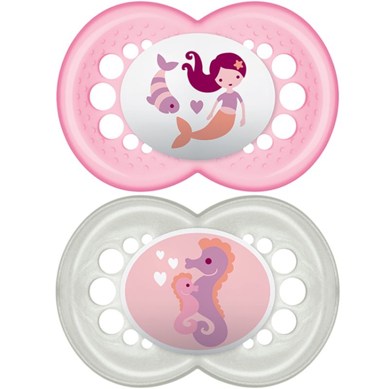 Lot de 2 sucettes anatomiques Original sirène et hippocampe en silicone (6 mois et +) MAM