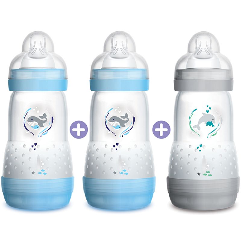 Lot de 3 biberons anti-colique bleu et gris Easy Start - débit 2 moyen (260 ml) MAM